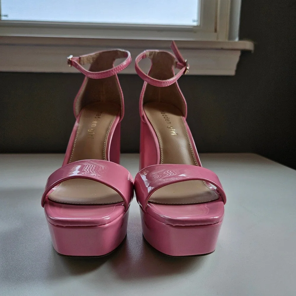 Madden Girl Pink Patent Platform Block Heels Womens 7.5M Strappy Sorority Hoco